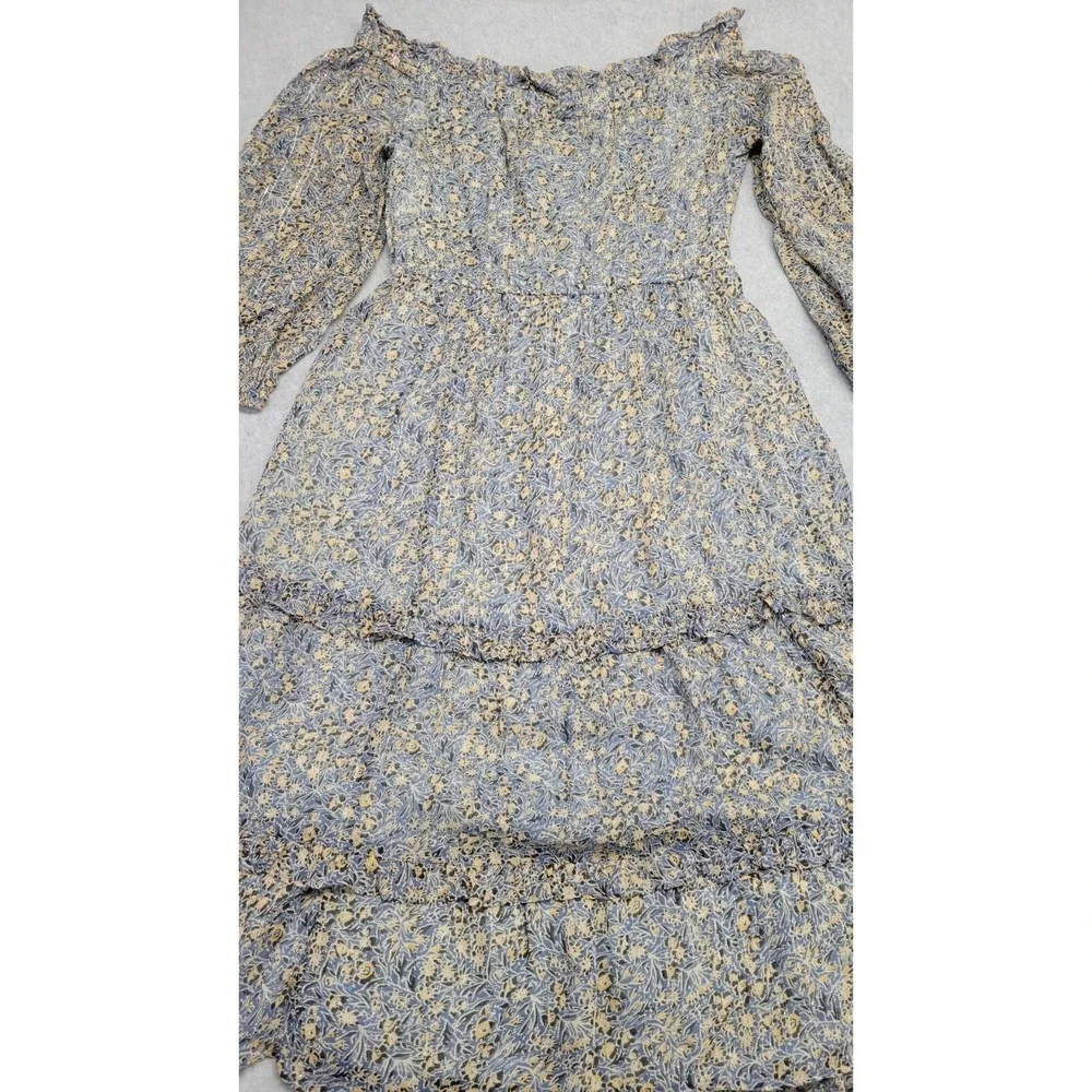 Anthropologie Blue Floral Metallic Off Shoulder Tiered Midi Dress NWT‎ Size 2